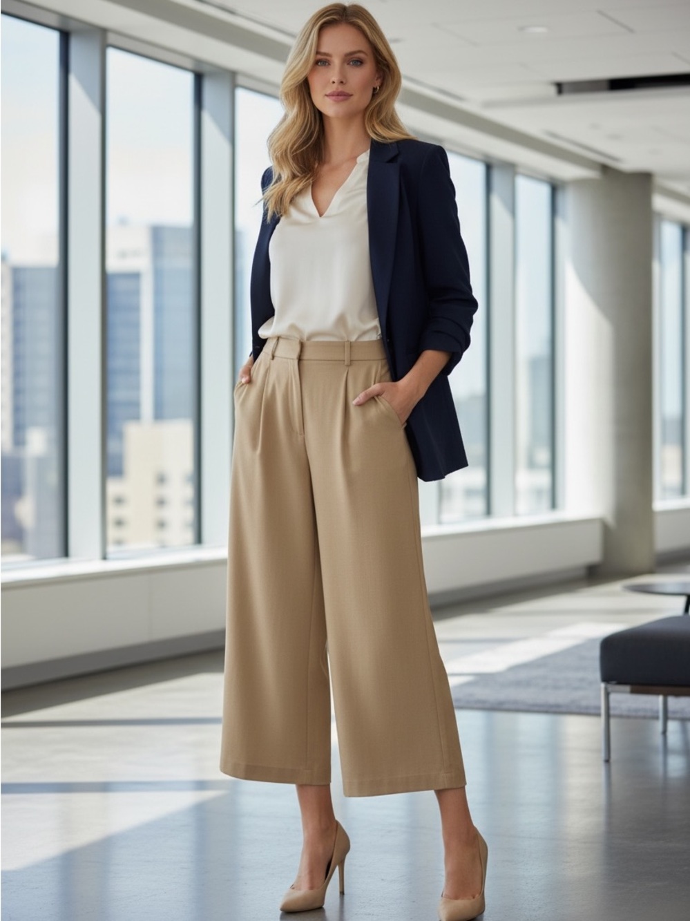 KIRUNDO Pleated Wide Leg Pants Womens M Camel Tan High Waist Office Modern New